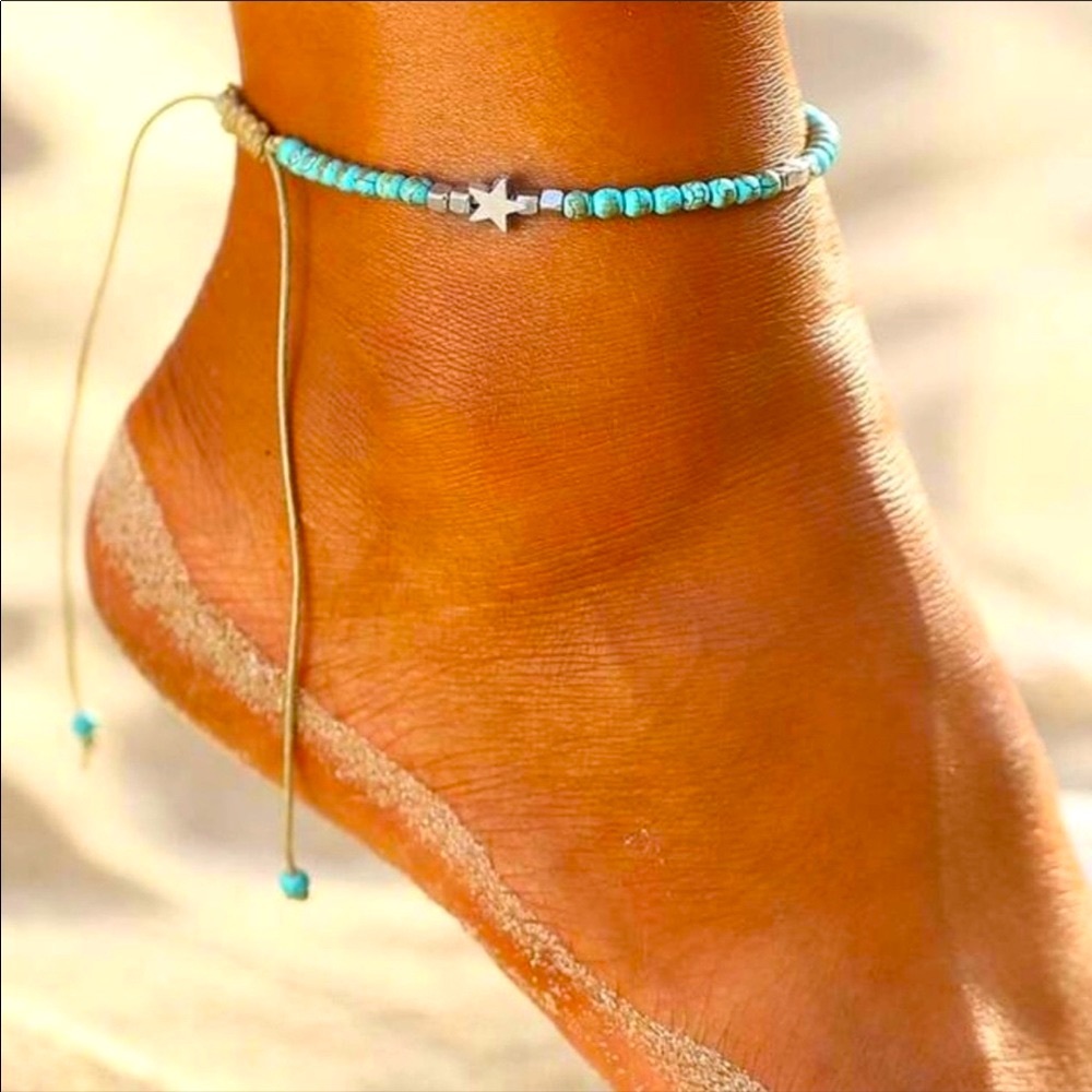 Leather ankle bracelet - blue beads w/ silver star